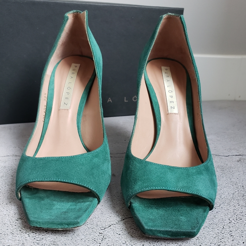Pura Lopez Emerald Green Suede Peep Toe Pumps Sz 38.5 - Picture 8 of 15